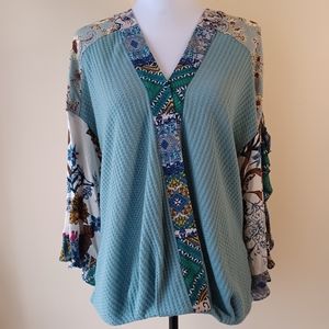 Umgee Boho Mixed Floral Patchwork Scallop Ruffle Flutter Split Sleeve Top